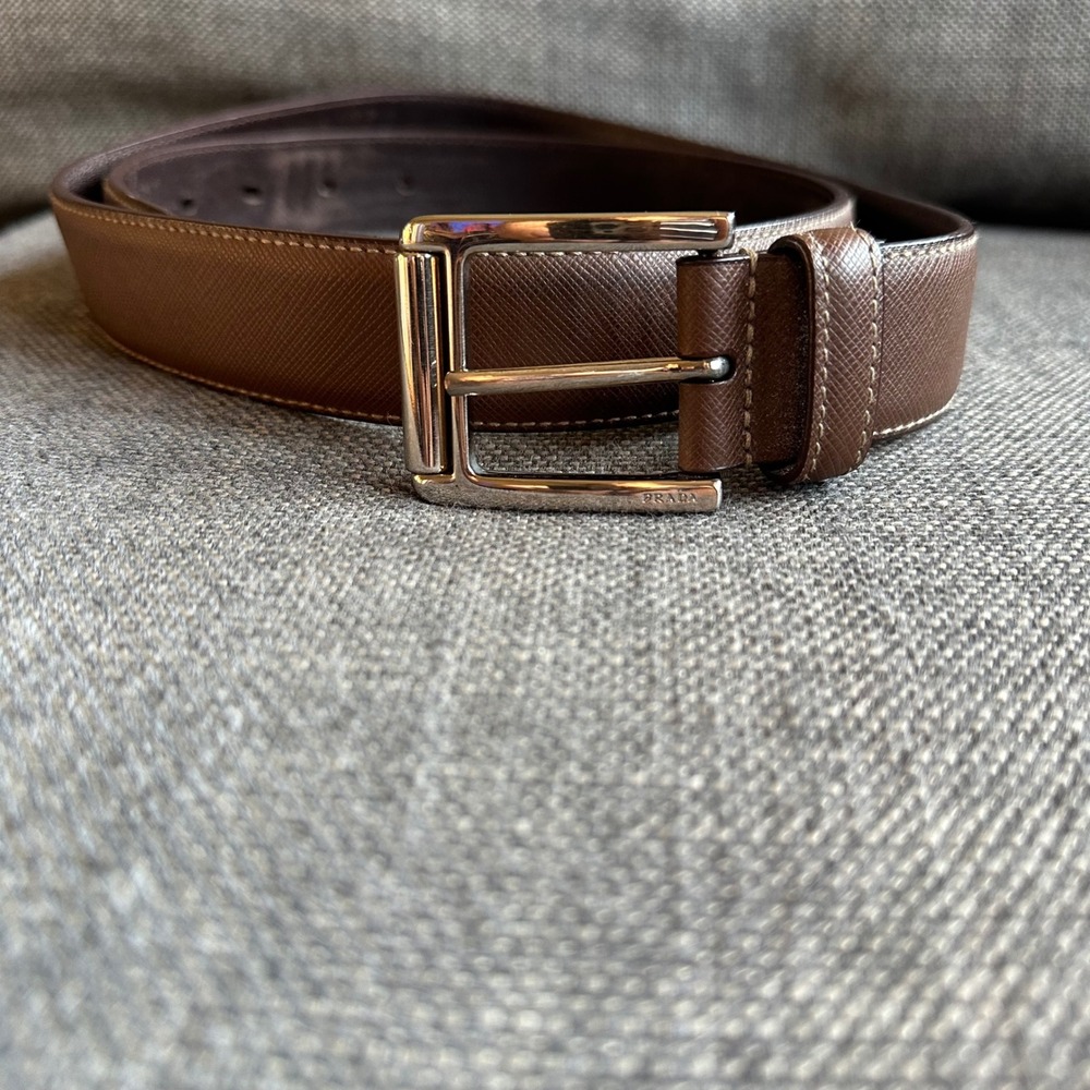 Prada Mens Brown Saffiano Leather Belt Silver Buckle sz 100/40 2C 3269